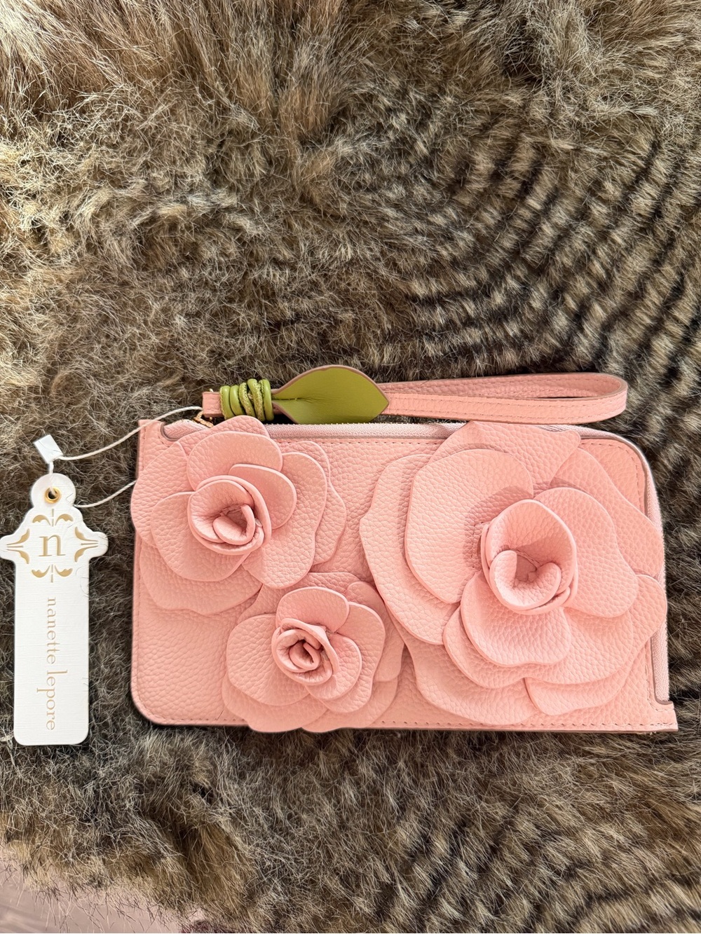 Nanette Lepore Peachy Pink 3D Floral Leather Wristlet NWT